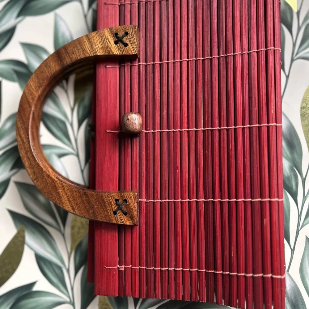 Elegant Red Bamboo Clutch with Wooden Handle